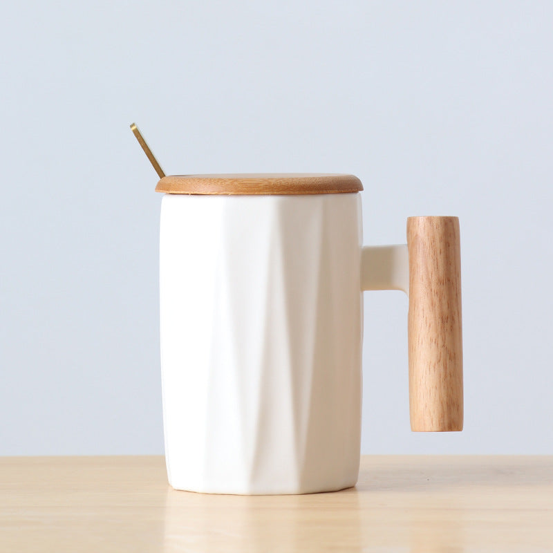 Ergonomic ceramic mug with solid wooden handle bamboo lid and metal spoon in gift box Bowlift