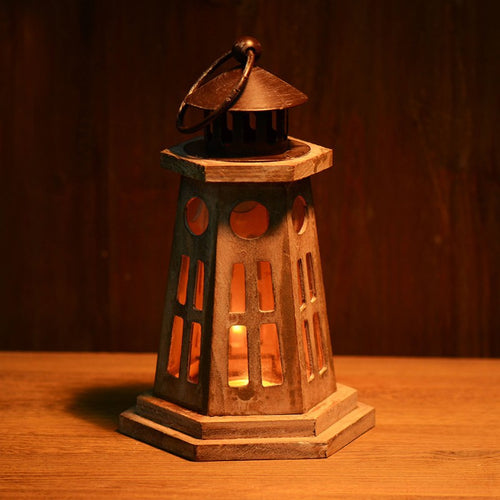 Hexagonal Wooden Lighthouse-Style Tealight Lantern with Cutout Windows and Metal Roof Bowlift