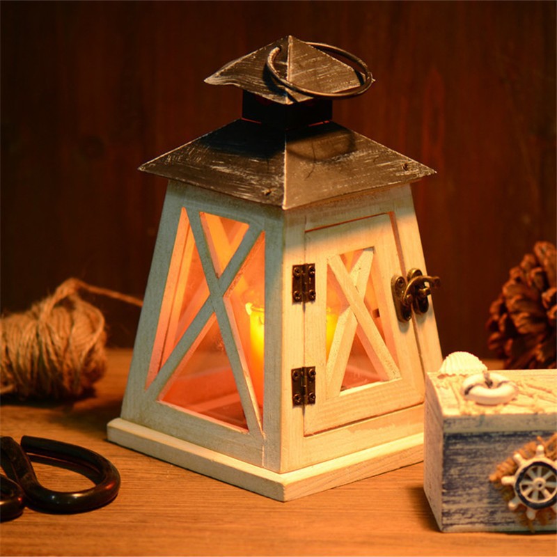 Rustic Distressed Wood Lantern Candle Holder with Glass Panels and Metal Roof Bowlift