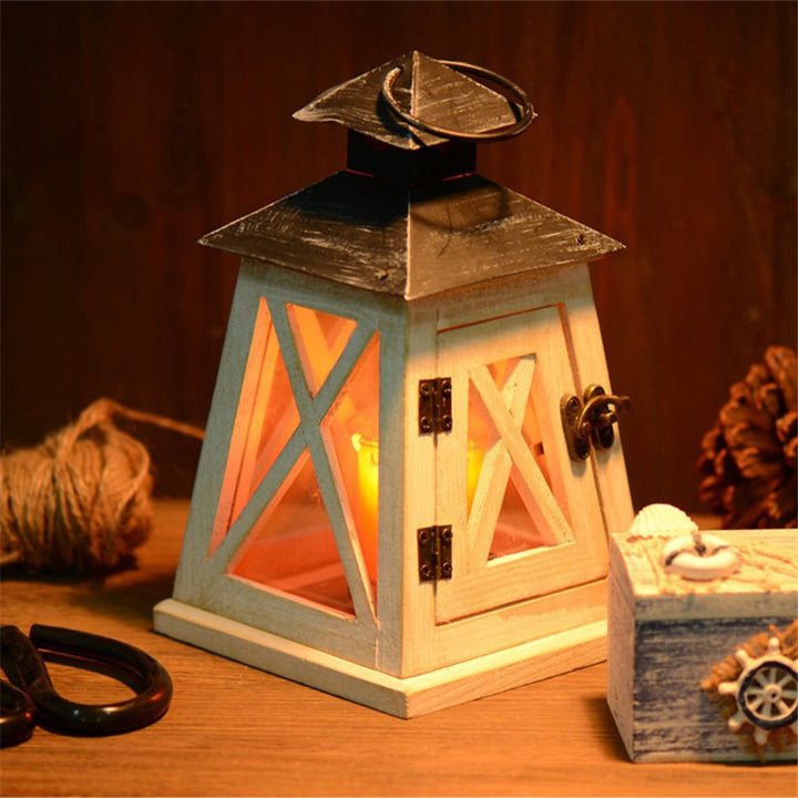 Rustic Distressed Wood Lantern Candle Holder with Glass Panels and Metal Roof Bowlift