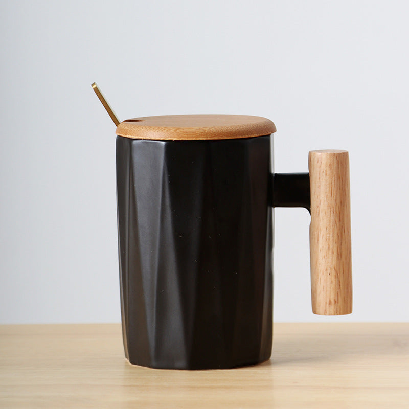 Ergonomic ceramic mug with solid wooden handle bamboo lid and metal spoon in gift box Bowlift