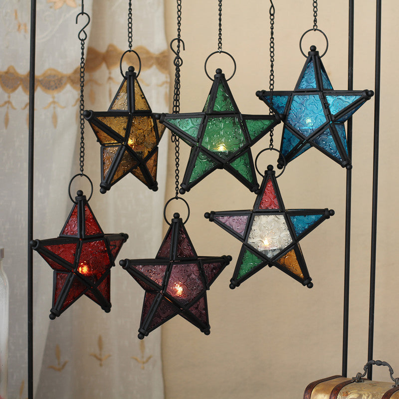Moroccan-Inspired Stained Glass Star Hanging Lanterns with Embossed Panels Bowlift
