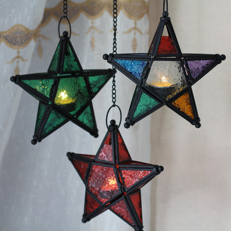 Moroccan-Inspired Stained Glass Star Hanging Lanterns with Embossed Panels Bowlift