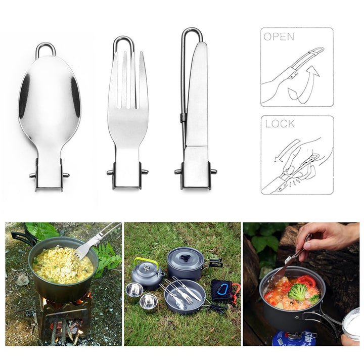 Foldable Stainless Steel Camping Cutlery Set with Locking Hinge and Carry Pouch Bowlift