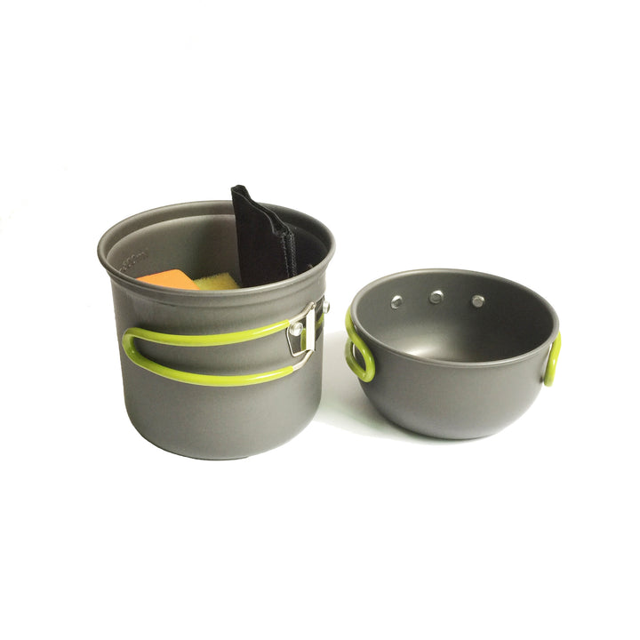 lightweight packable backpacking cookware and compact gas stove set with nonstick nesting pots and folding handles Bowlift