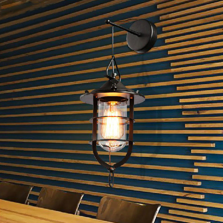 BowLift | 1 Bulb Cage Wall-Mounted Light Fixture Industrial Black Clear Glass Lighting for Porch