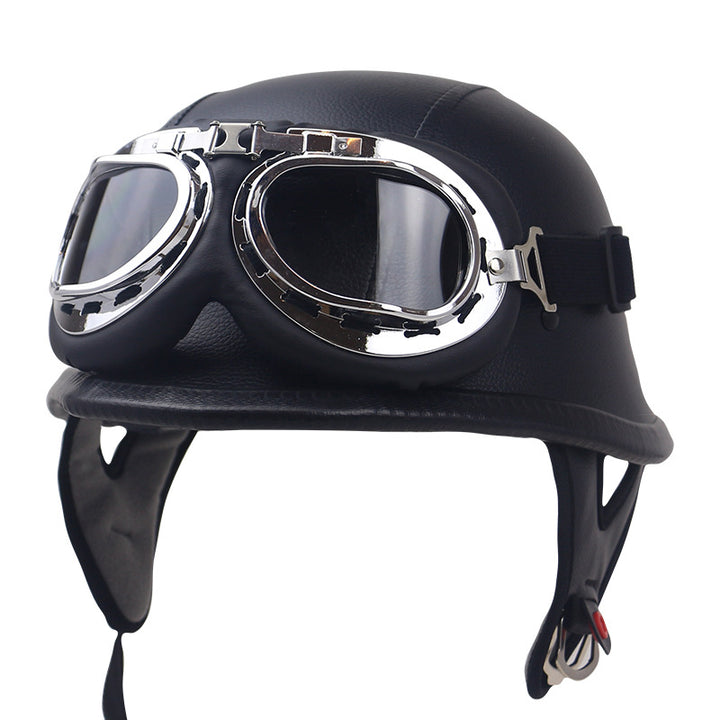 Vintage Leather Motorcycle Helmet with Goggles Bowlift