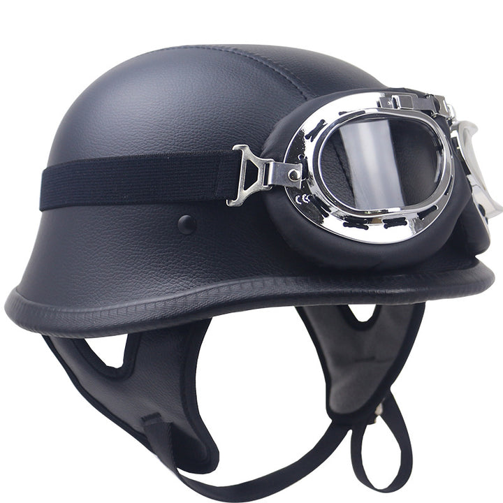 Vintage Leather Motorcycle Helmet with Goggles Bowlift