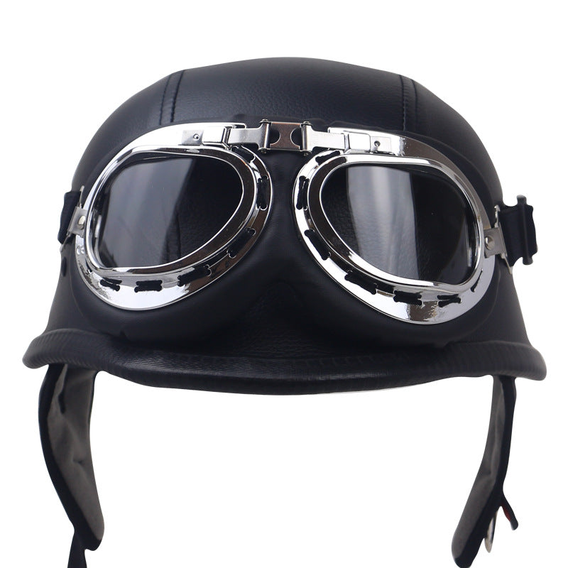 Vintage Leather Motorcycle Helmet with Goggles Bowlift