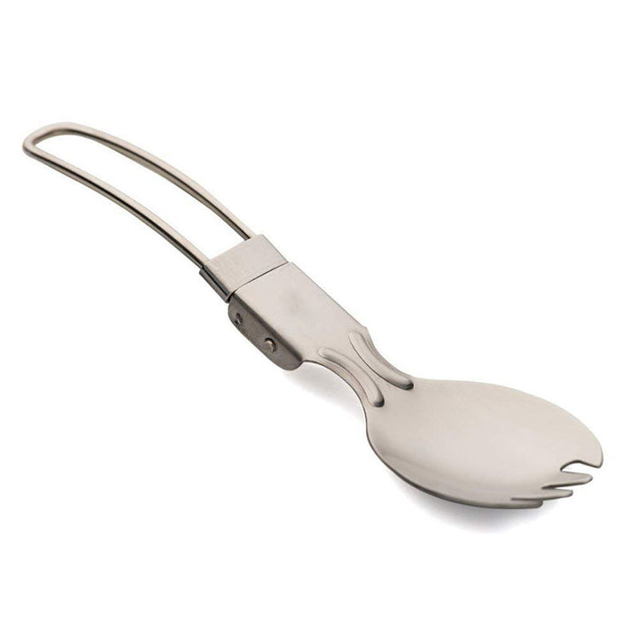 folding stainless steel camping spork with locking hinge and travel loop Bowlift
