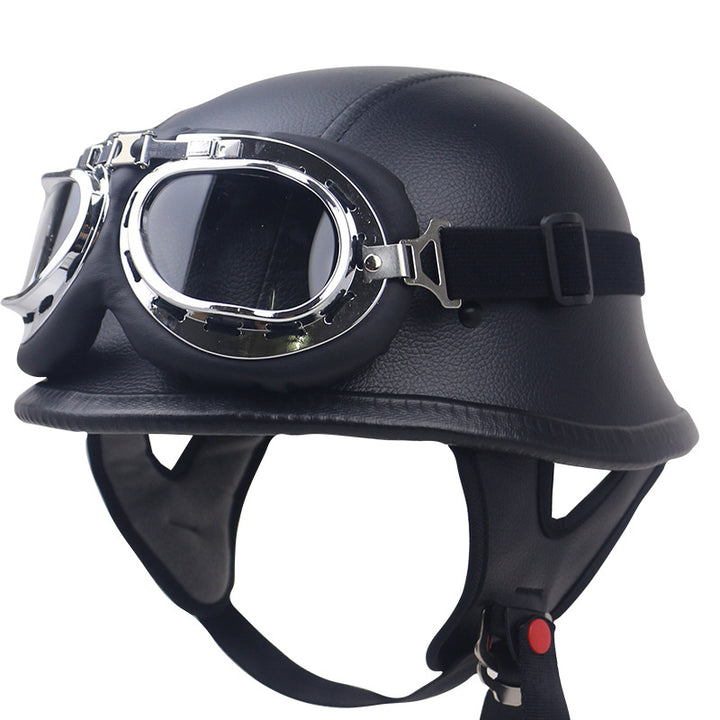 Vintage Leather Motorcycle Helmet with Goggles Bowlift