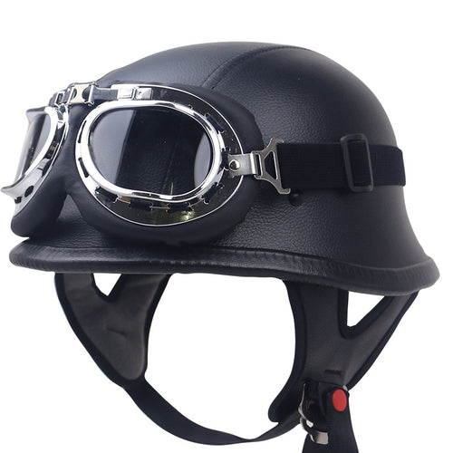 Vintage Leather Motorcycle Helmet with Goggles Bowlift