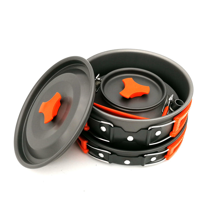 lightweight nonstick camping cookware set with folding kettle pot pan stainless utensils silicone trivet and carry pouch Bowlift