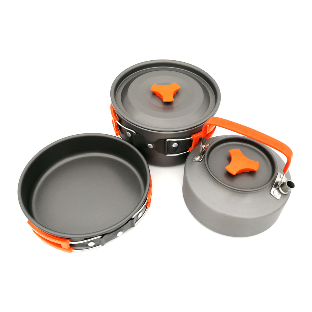 lightweight nonstick camping cookware set with folding kettle pot pan stainless utensils silicone trivet and carry pouch Bowlift