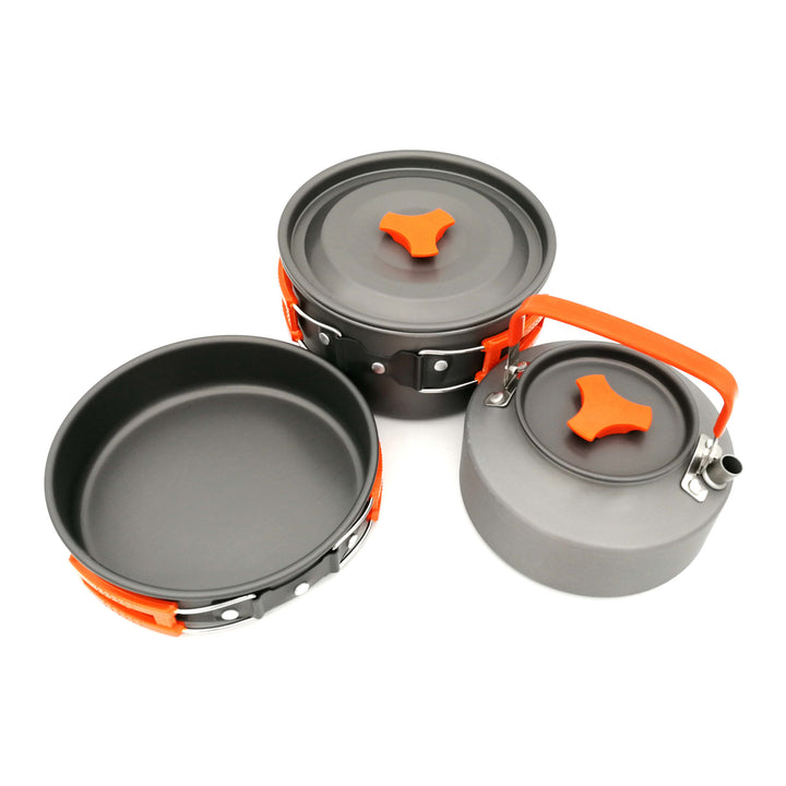 lightweight nonstick camping cookware set with folding kettle pot pan stainless utensils silicone trivet and carry pouch Bowlift