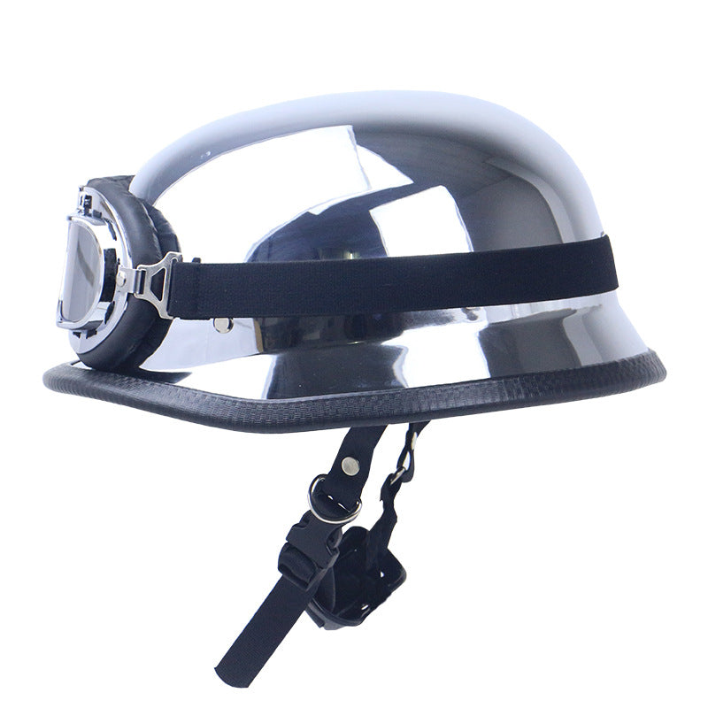 Chrome-Plated Vintage Motorcycle Helmet with Protective Goggles Bowlift