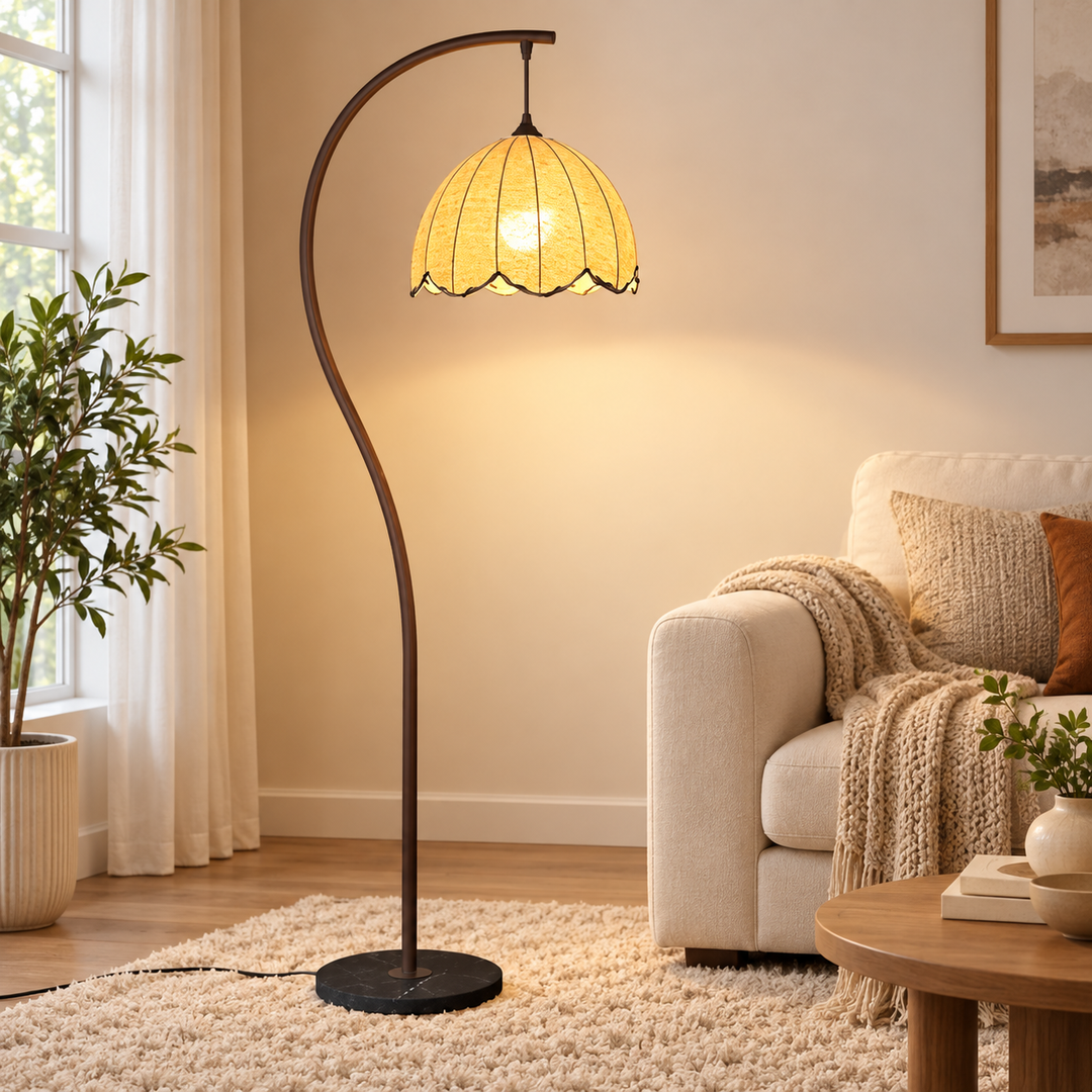 Arc Curved Floor Lamp with Woven Petal Shade Ambient Lighting Bowlift