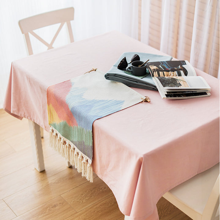 Woven Boho table runner with fringes and abstract watercolor pattern Bowlift