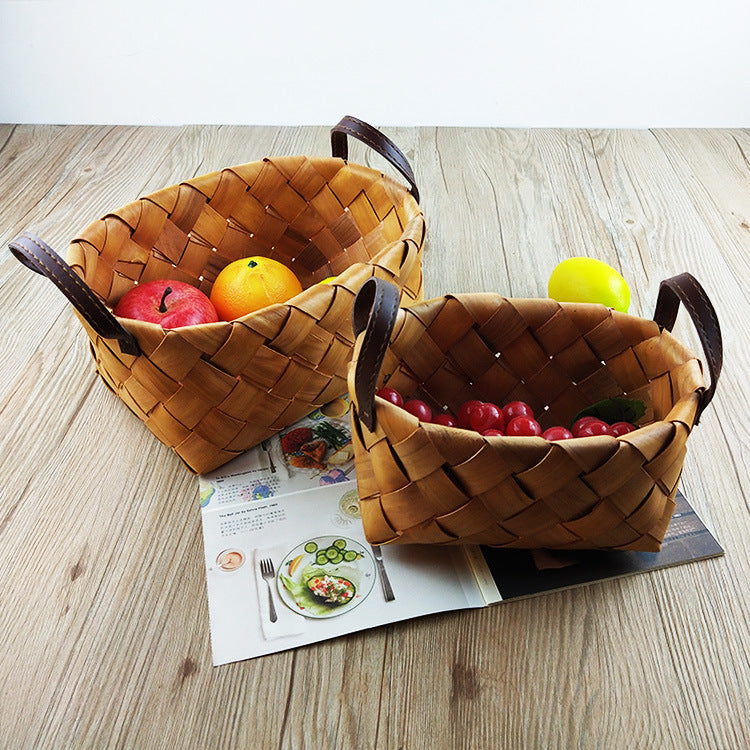 Premium Woven Storage Basket with Leather Handles Bowlift