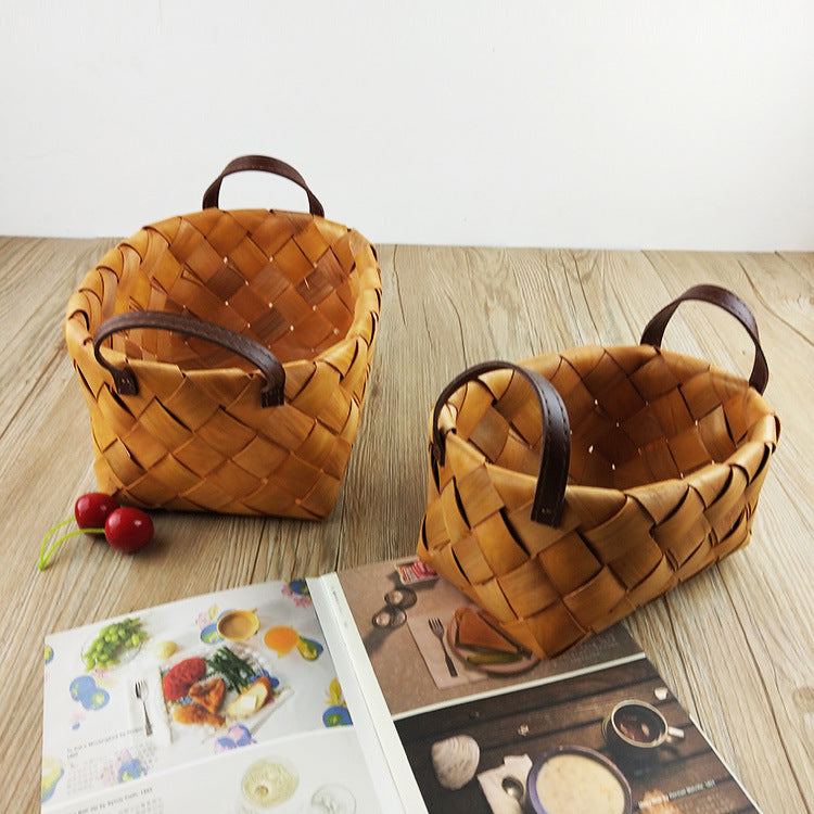 Premium Woven Storage Basket with Leather Handles Bowlift