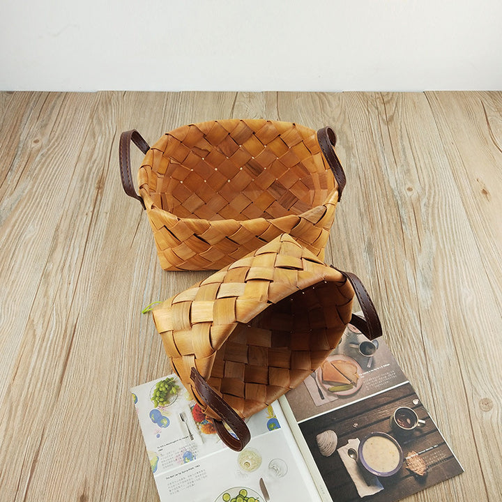 Premium Woven Storage Basket with Leather Handles Bowlift