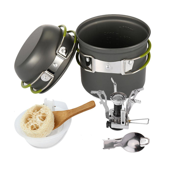 lightweight anodized aluminum backpacking cook set with nesting pots, foldable heat-resistant handles and compact folding gas stove Bowlift