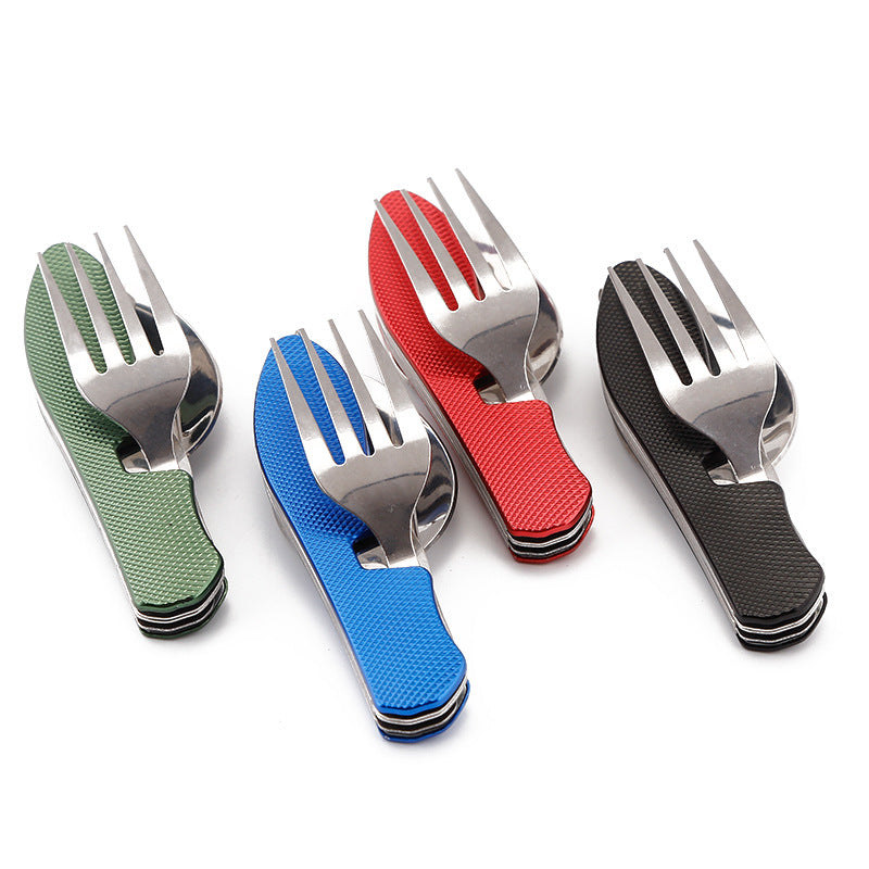 folding stainless steel camping cutlery set with textured grip locking hinge and compact travel clip Bowlift