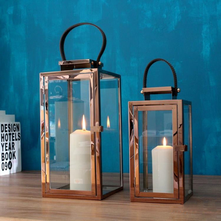 Contemporary Polished Metal Glass Hurricane Lanterns with Braided Handle & Front Latch Bowlift