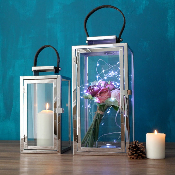 Contemporary Polished Metal Glass Hurricane Lanterns with Braided Handle & Front Latch Bowlift