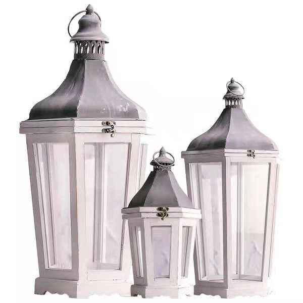 Rustic Weathered Wood and Metal Indoor Outdoor Candle Lantern Set Bowlift