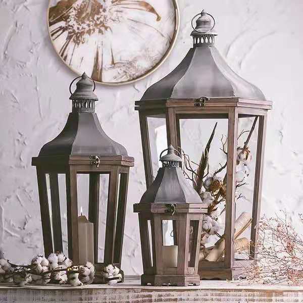 Rustic Weathered Wood and Metal Indoor Outdoor Candle Lantern Set Bowlift