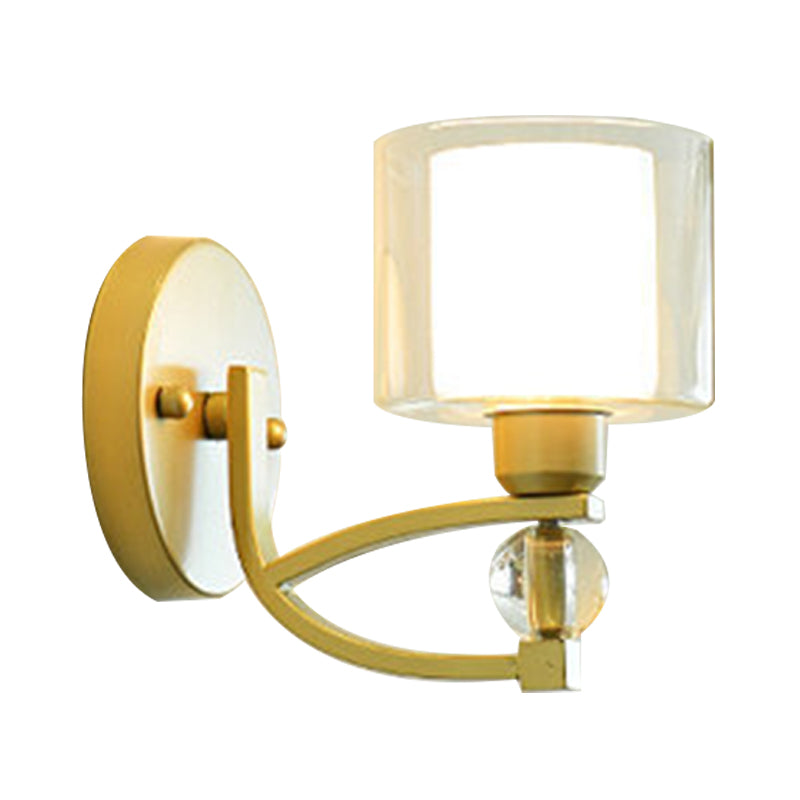 BowLift | 1 Light Indoor Wall Mounted Lamp Postmodern Gold Finish Wall Lighting with Dual Cylinder Glass in Clear and Opal