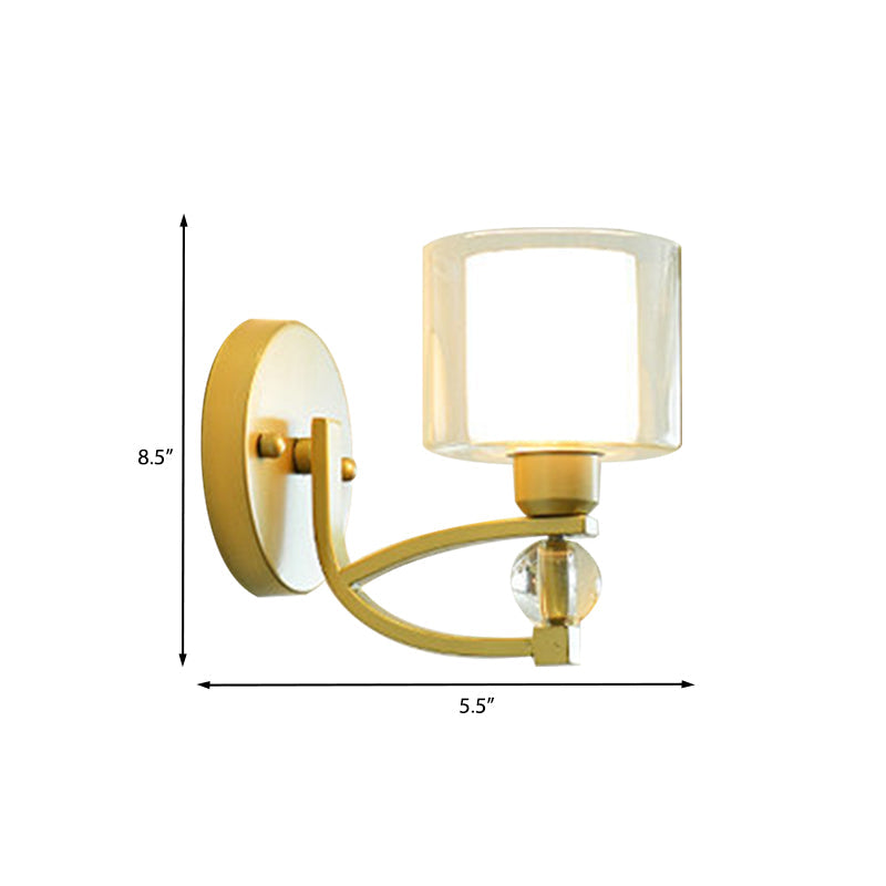 BowLift | 1 Light Indoor Wall Mounted Lamp Postmodern Gold Finish Wall Lighting with Dual Cylinder Glass in Clear and Opal