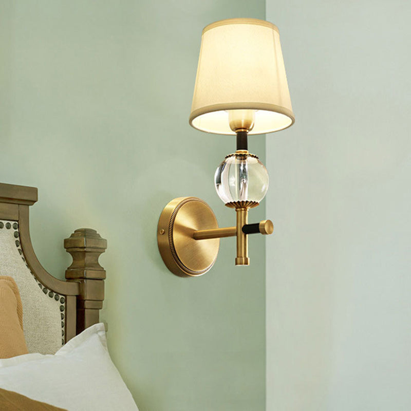 BowLift | 1/2-Head Bedroom Wall Lamp Modernism Brass Finish Clear Crystal Wall Light with Conical Fabric Shade