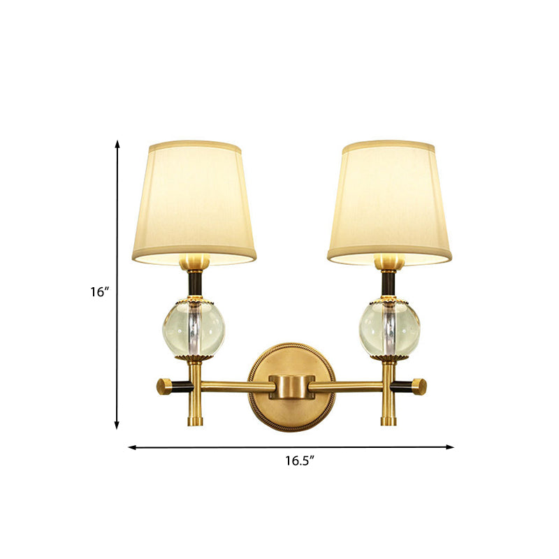 BowLift | 1/2-Head Bedroom Wall Lamp Modernism Brass Finish Clear Crystal Wall Light with Conical Fabric Shade
