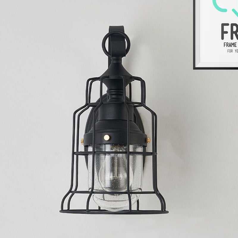 BowLift | 1 Light Bell Shade Wall Lamp Industrial Black Glass Wall Lamp for Corridor with Metal Cage Frame