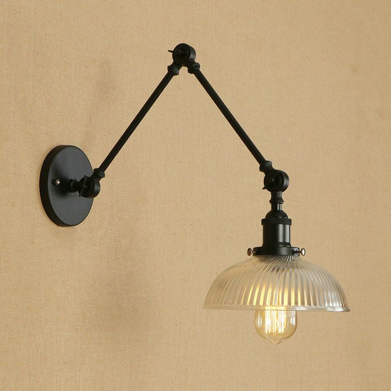BowLift | 1 Light Ribbed Glass Wall Lamp Light Industrial Antique Brass/Black/Rust Dome Living Room Lighting Fixture with Swing Arm
