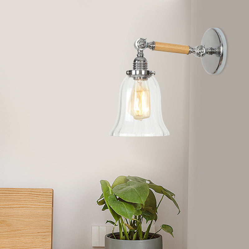 BowLift | 1 Light Clear Textured Glass Wall Sconce Light Vintage Chrome Bell Living Room Lighting Fixture, 8"/4"/6" Wide Wooden Arm