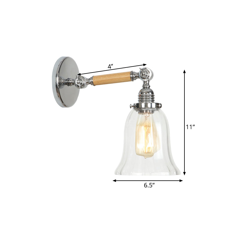 BowLift | 1 Light Clear Textured Glass Wall Sconce Light Vintage Chrome Bell Living Room Lighting Fixture, 8"/4"/6" Wide Wooden Arm