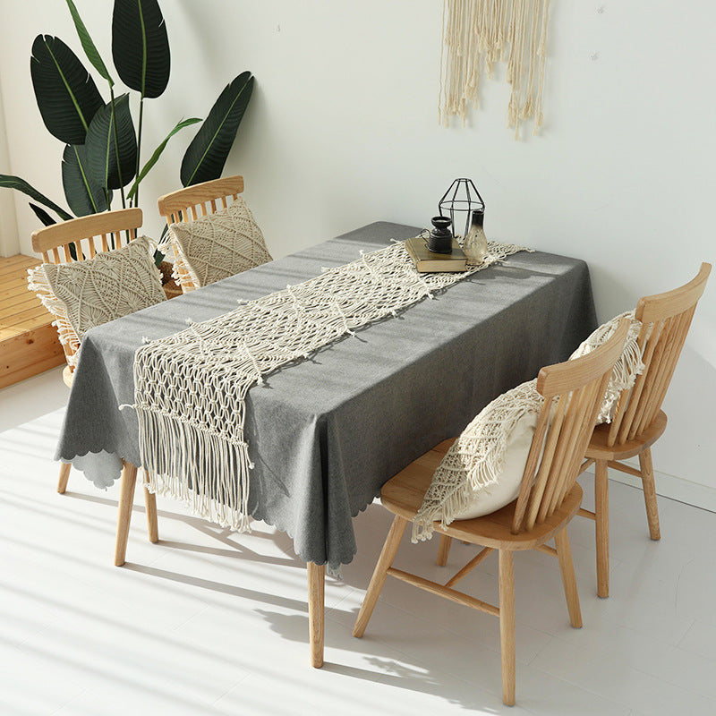 Hand-knotted macrame table runner with geometric knot relief