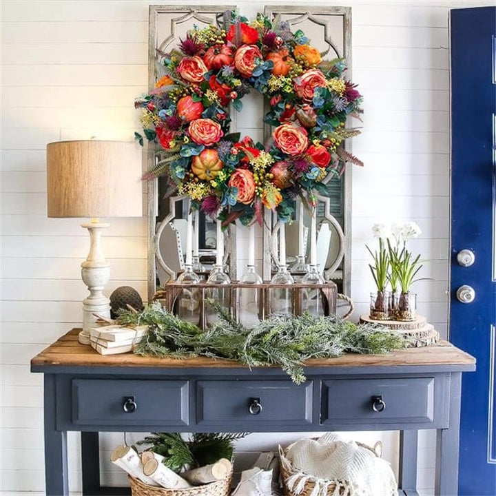 BowLift | Autumn Door Wreath | Rustic Peony & Pumpkin Design | Handcrafted Fall Decoration