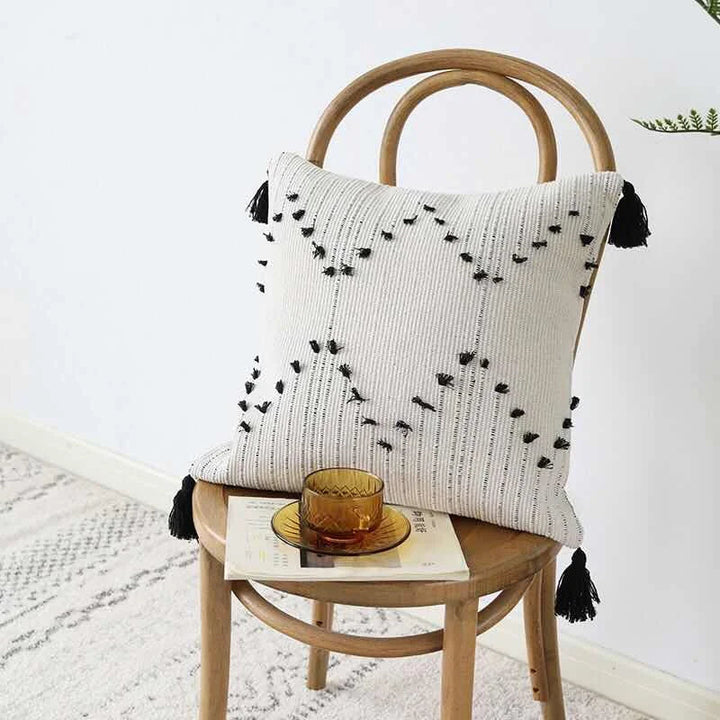 BowLift | White and Black Geometric Cushion Cover with Tassels