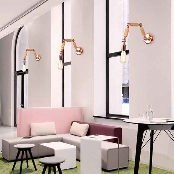 BowLift | 1 Headable Light Bulb Wall Lamp Industrial Style Rose Gold Wood and Metal Wall Light with Triple Joint