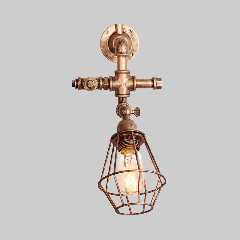 BowLift | Diamond Cage Iron Wall Mount Light with Pipe Design Industrial Style 1 Bulb Bedroom Wall Lighting in Antique Brass/Silver