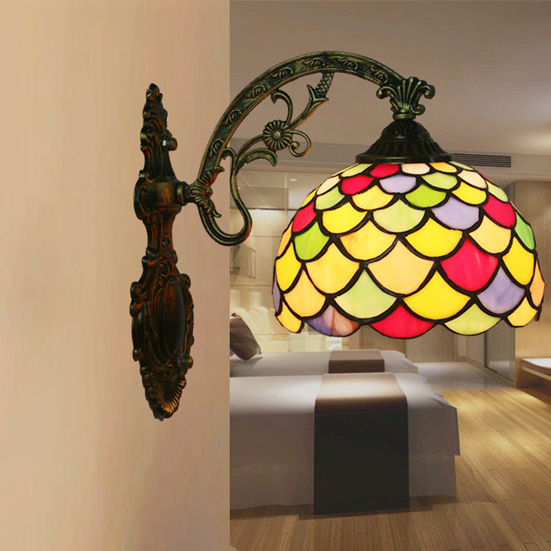 BowLift | Fishscale Speckled Art Glass Wall Lamp Tiffany 1 Lamp Brass Wall Lamp Light with Curved Arm