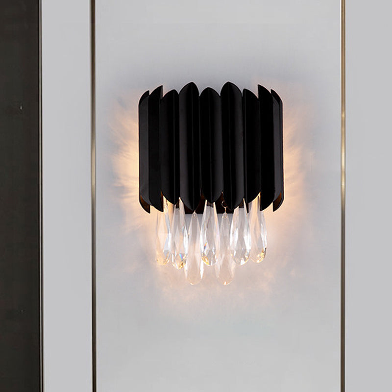 BowLift | 2 Light Flush Mount Wall Sconces Mid Century Tube Metal Wall Lamp in Black with Cut Crystal Drops