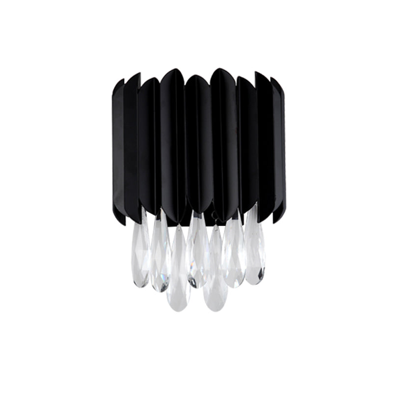 BowLift | 2 Light Flush Mount Wall Sconces Mid Century Tube Metal Wall Lamp in Black with Cut Crystal Drops