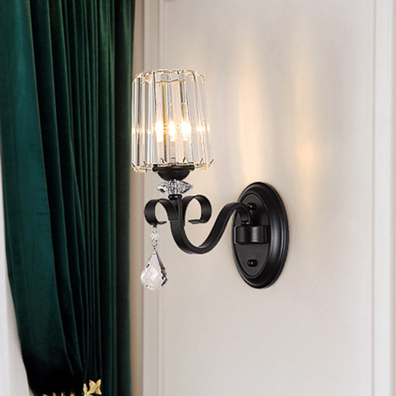 BowLift | 1/2-Light Clear Prism Crystal Wall Light Modern Black Cylinder Living Room Wall Mount Lamp