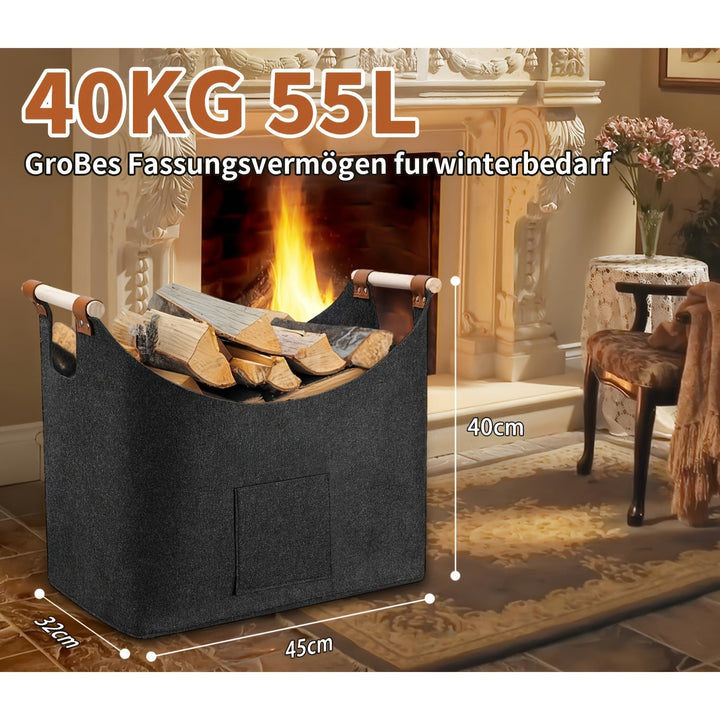 BowLift | Felt log basket FELDURA | Collapsible | 55L volume | With wooden handles & leather details | Dark gray
