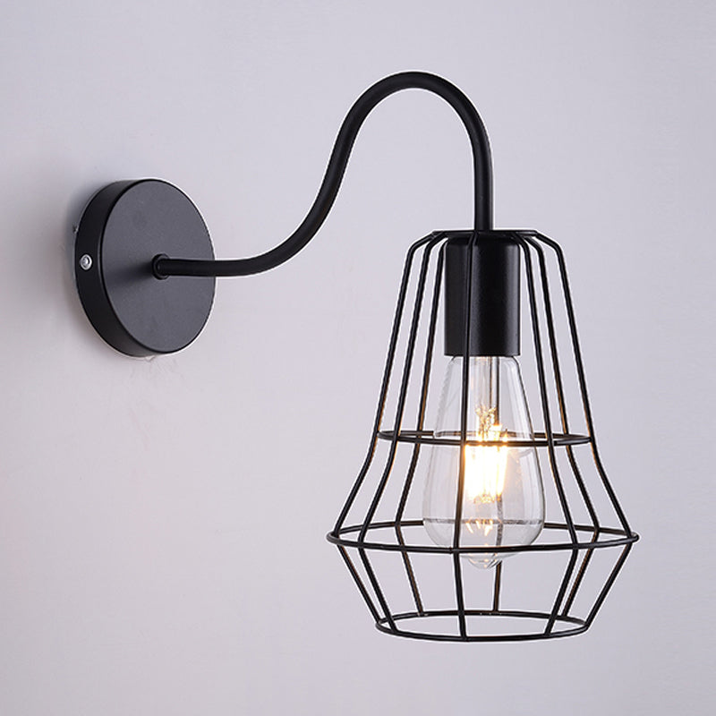 BowLift | Gooseneck Arm Living Room Wall Light with Cage Shade Retro Style Metal 1 Light Black Finish Wall Lamp